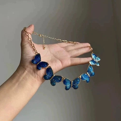 Vintage Blue Enamel Butterfly Necklace Choker Pendant Gothic Style Jewelry 07FC0E-D4 - KOEEK