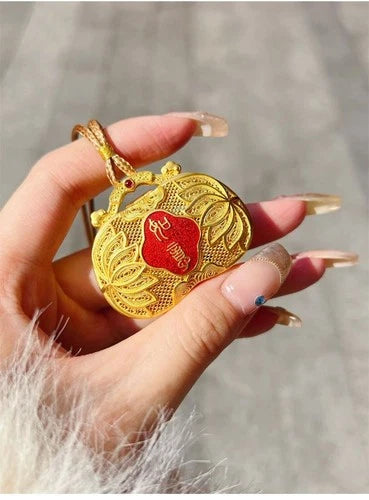 Gold Tone Inlay Pendant Necklace Chinese Filigree Ruyi Enamel Lotus Lock Jewelry 07FC0E-D4 - KOEEK