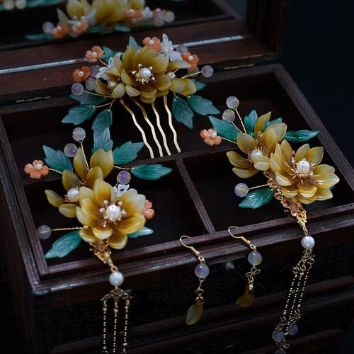 Hanfu Headpiece Set Glass Tassel Hairpin Ancient Style Hair Jewelry 07FC0E-D4 - KOEEK