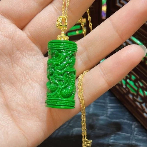 Full Green Cylinder Carved Dragon Pendant Chinese Style Vintage Jewelry 07FC0E-D4 - KOEEK