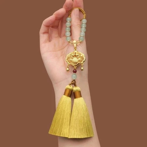 Safety Lock Car Pendant Gold Plated Jade Bead Tassel Bag/Car Hanging Ornament 07FC0E-D4 - KOEEK