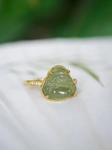 Hetian Jade Ring Female Laughing Buddha Carved Stone Adjustable Jewelry 07FC0E-D4 - KOEEK