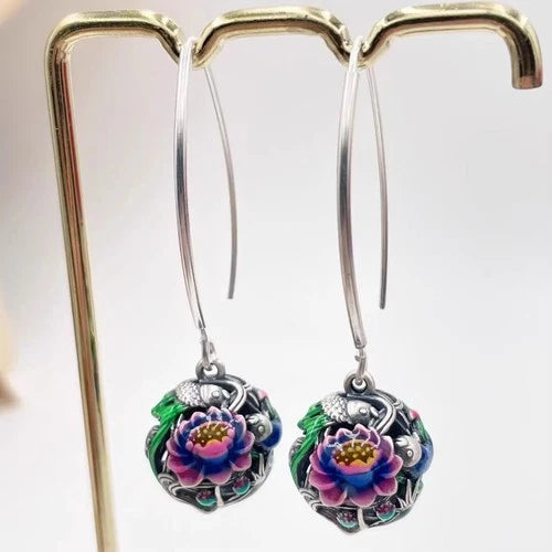 Cloisonne Enamel Lotus Koi Fish Earrings Vintage Ethnic Handmade Dangle Jewelry 07FC0E-D4 - KOEEK