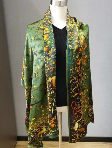 Women 180cm Square  Mulberry Silk Scarf Vintage Shawl Print Hand Rolled Gift 07FC0E-D4 - KOEEK