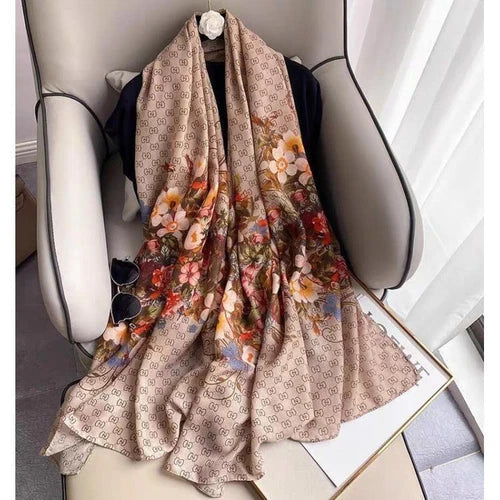 Cotton Linen Scarf 180x80CM Gray Brown Floral Print Long Wrap Shawl for Women 07FC0E-D4 - KOEEK