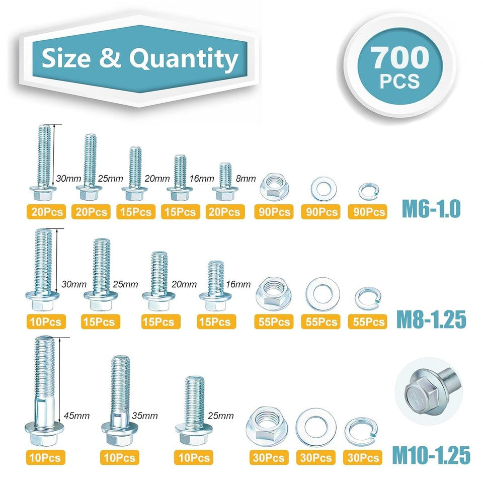 new Kadrick 700Pcs Grade 8.8 Metric Bolt M6-M10 FLANGE HEX, silver KADRICK - KOEEK
