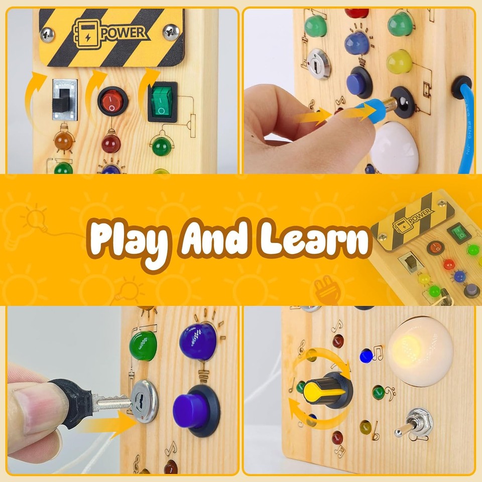 new Montessori Wooden Busy Board with 8 LED Light switches, Sensory Toys Light... 07FC0E-D4 - KOEEK