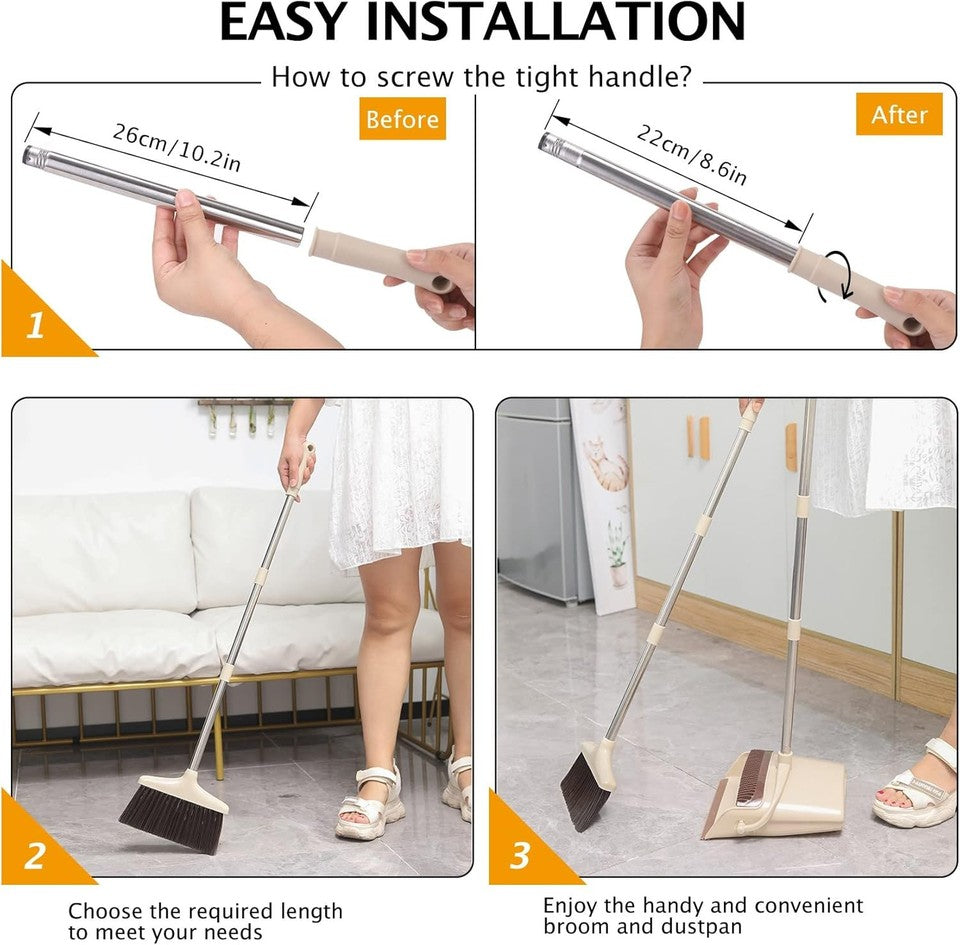 new Broom and Dustpan Set with Long Handle, Light Weight Stainless Steel Beige 07FC0E-D4 - KOEEK