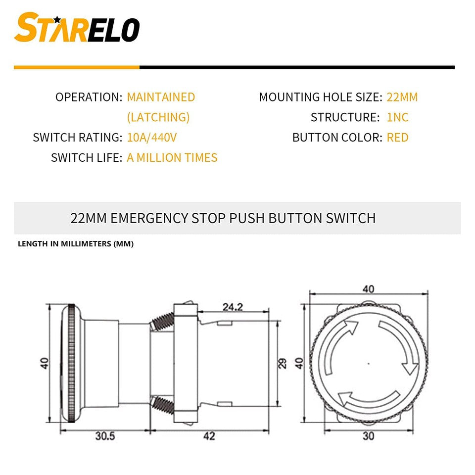 new STARELO 22MM 1NC Red Mushroom Emergency Stop Latching Push Button Switch... STARELO - KOEEK