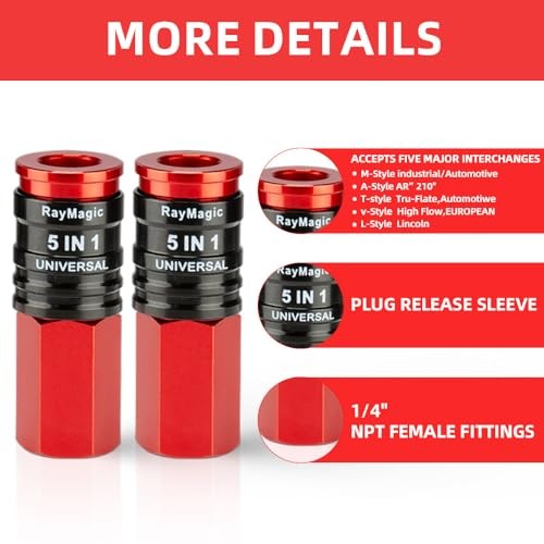 new 5 In 1 Universal Quick Industrial Connect Coupler, Female NPT, Red&Black 07FC0E-D4 - KOEEK
