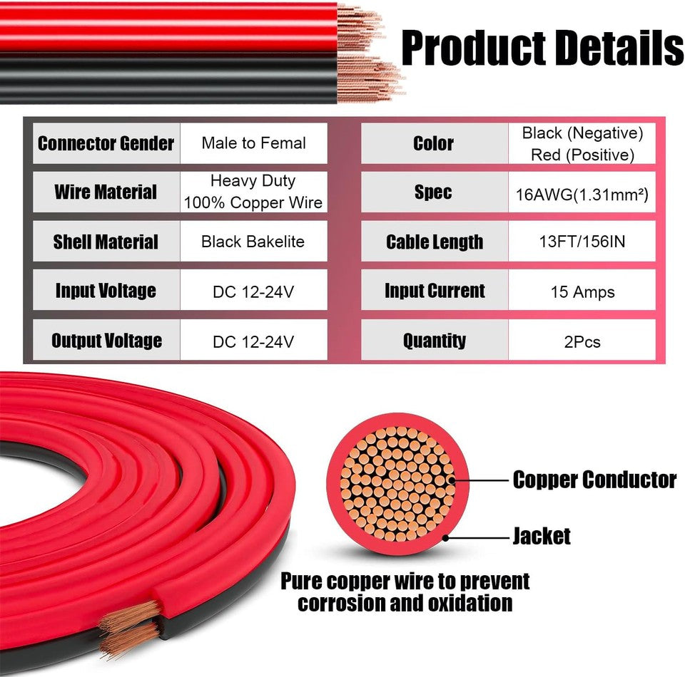 new 12V/24V 16AWG Heavy Duty Cigarette Lighter Extension Cable 13FT, 1PCS 13FT 07FC0E-D4 - KOEEK