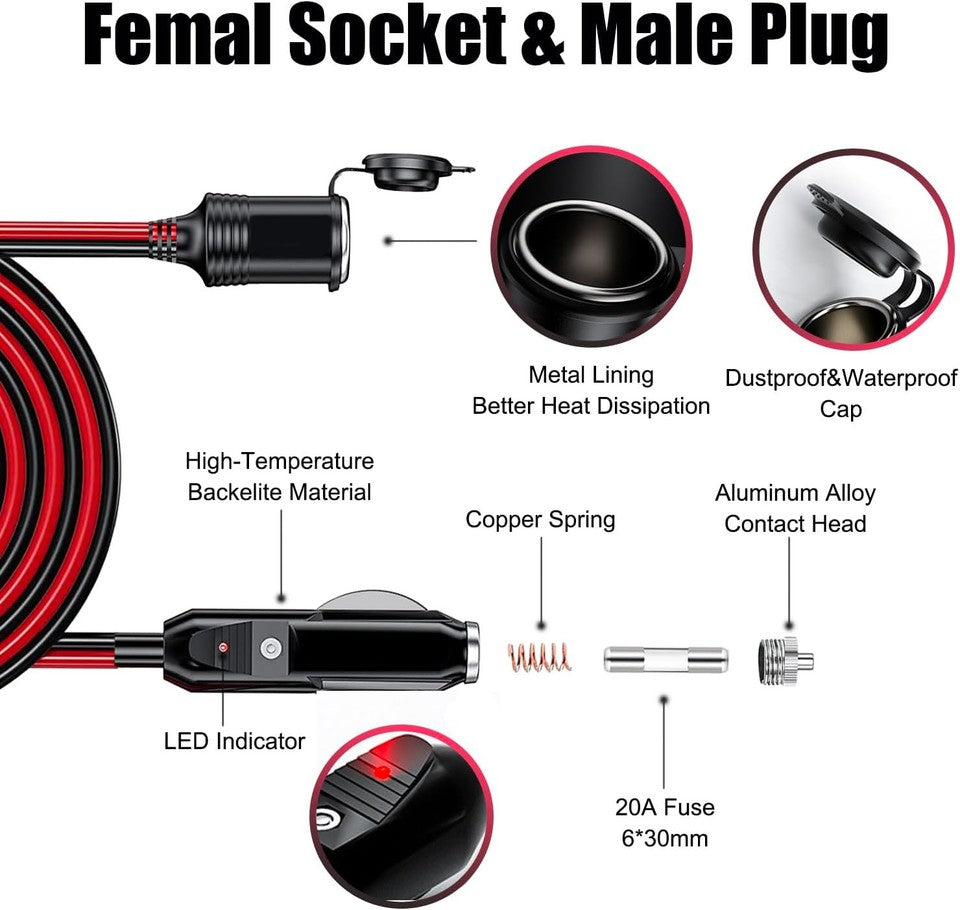 new 12V/24V 16AWG Heavy Duty Cigarette Lighter Extension Cable 13FT, 1PCS 13FT 07FC0E-D4 - KOEEK