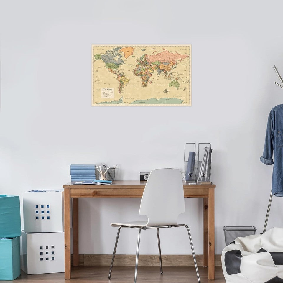 new 2 Pack - Laminated World Map & US Poster Set - Wall Chart of Yellow