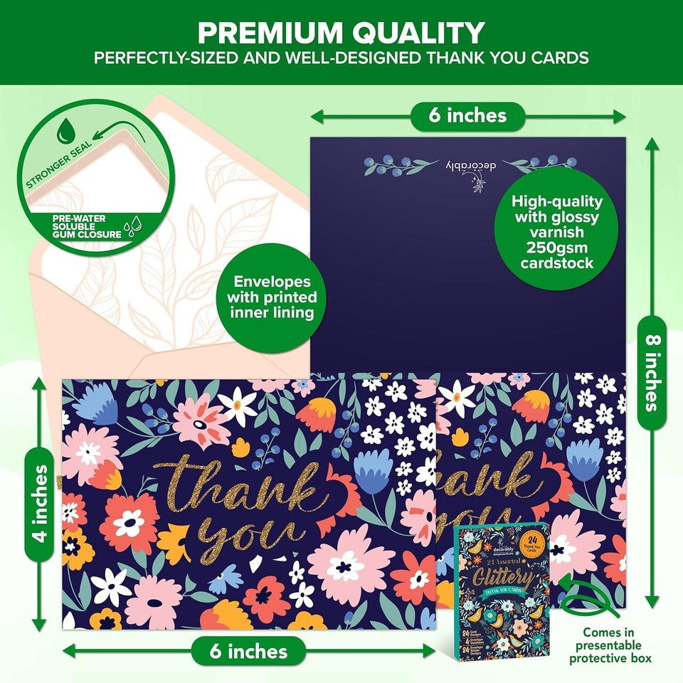 new Decorably 24 Pack Glittery 6x4in Assorted Thank You Cards with Glitter DECORABLY - KOEEK