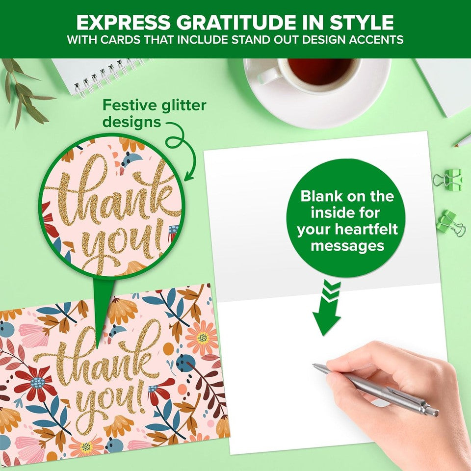 new Decorably 24 Pack Glittery 6x4in Assorted Thank You Cards with Glitter DECORABLY - KOEEK