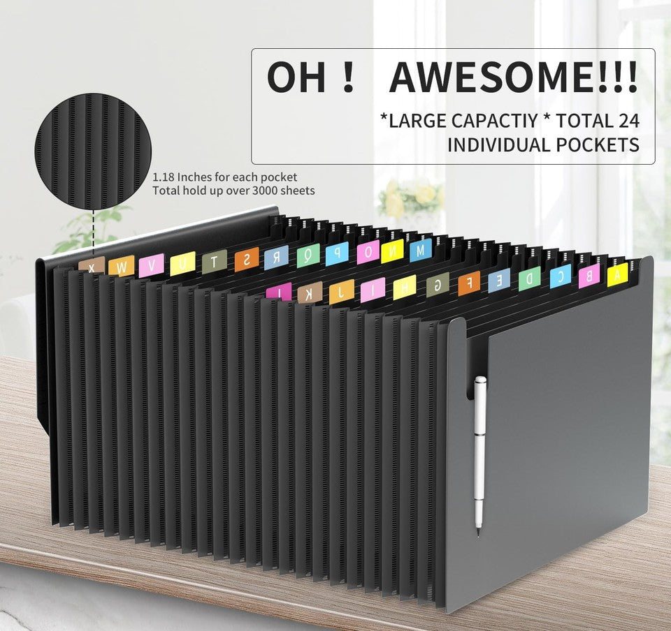 new 24 Pockets Expanding File Folder,Accordion Organizer,Document Black 07FC0E-D4 - KOEEK