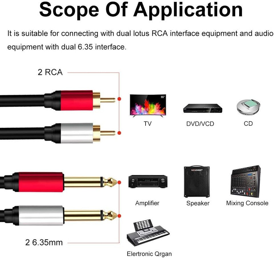 new 2 x 6.35 mm to 2RCA Cable,Dual inch TS Stereo Jack Male 5ft/1.5m, black 07FC0E-D4 - KOEEK