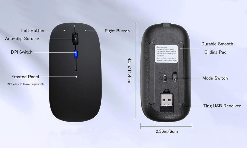 new Wireless Bluetooth Mouse Rechargeable LED Silent Slim Laptop Black 07FC0E-D4 - KOEEK