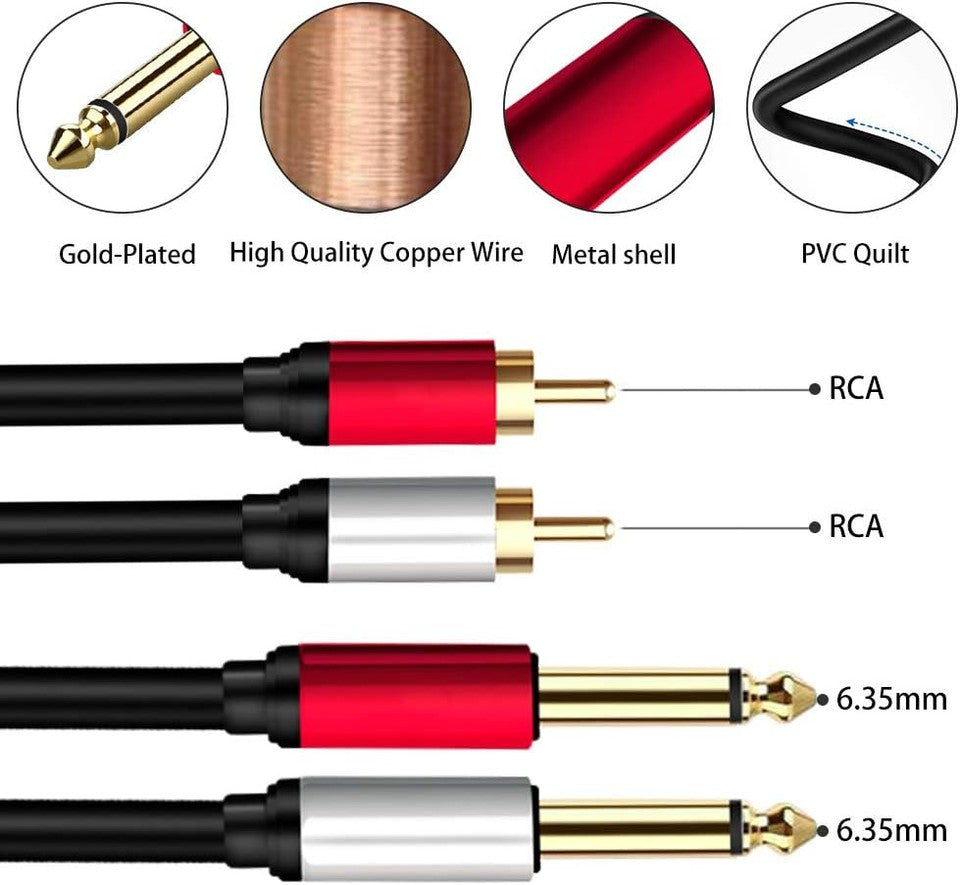new 2 x 6.35 mm to 2RCA Cable,Dual inch TS Stereo Jack Male 5ft/1.5m, black