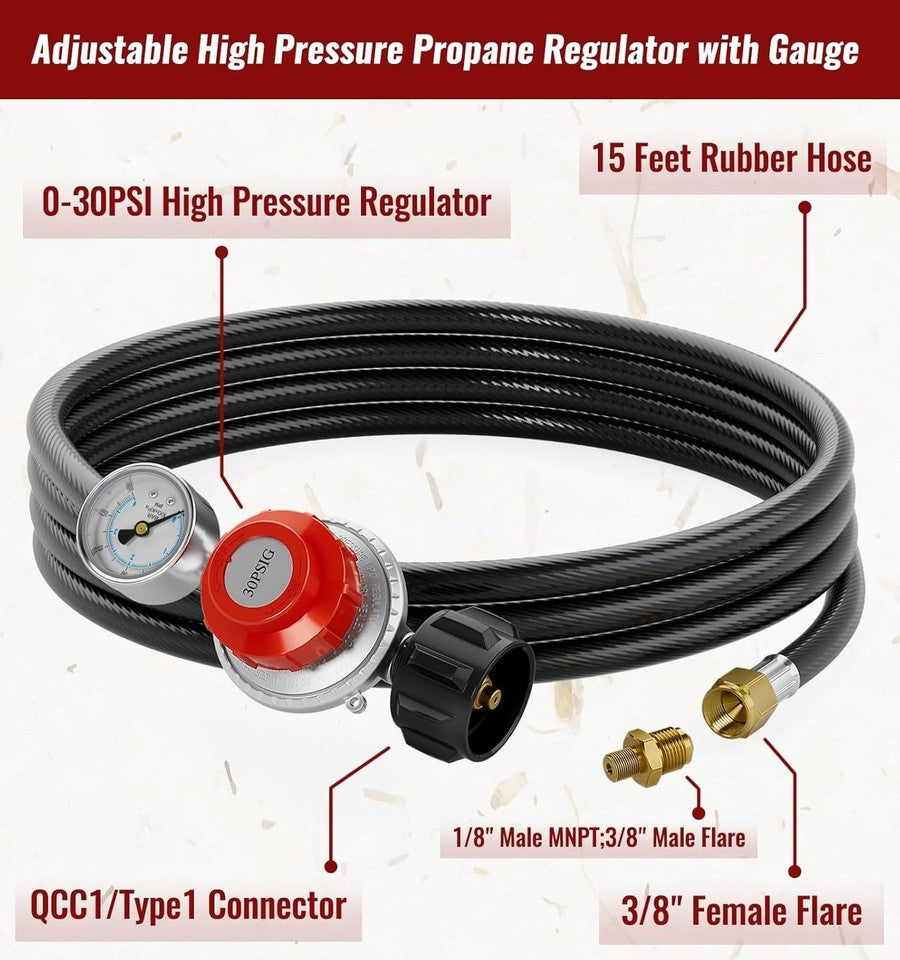 new 15FT High Pressure Propane Regulator Hose with Gauge, 0~30PSI 15 Feet, Rubber 07FC0E-D4 - KOEEK