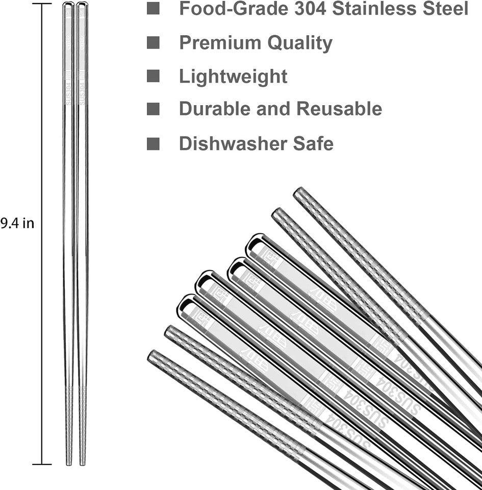new 5 Pairs Premium Stainless Steel Metal Chopsticks, Reusable Silver