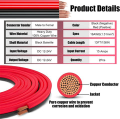 new 12V/24V 16AWG Heavy Duty Cigarette Lighter Extension Cable 13FT, 1PCS 13FT 07FC0E-D4 - KOEEK