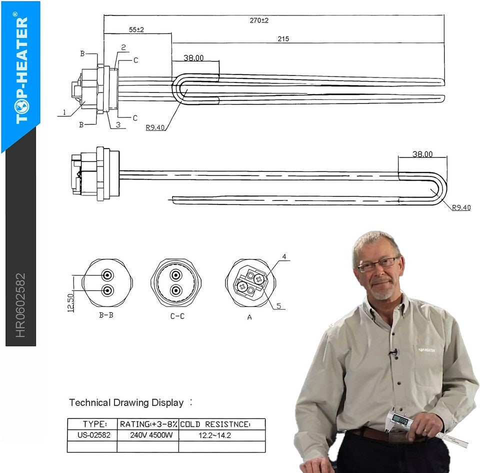 new Water Heater Element 4500W,Screw-in,Foldback Type 02582 Silver 07FC0E-D4 - KOEEK