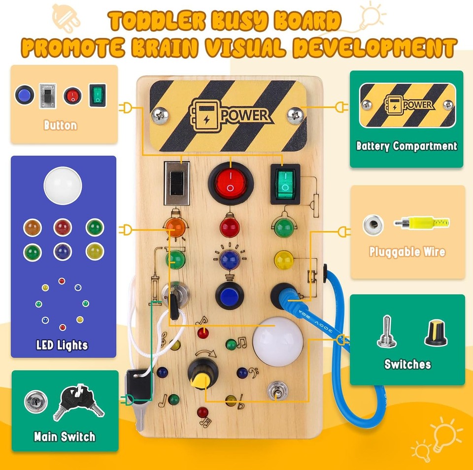 new Montessori Wooden Busy Board with 8 LED Light switches, Sensory Toys Light... 07FC0E-D4 - KOEEK