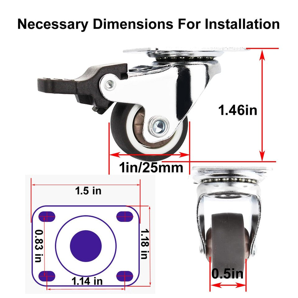 new 1" Small Caster Wheels 4 Pack for Furniture Low Profile Soft Rubber Brown 07FC0E-D4 - KOEEK
