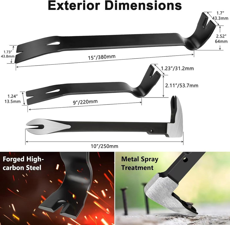 new 3 Piece Pry Bar Set, 10" Nail Puller Cats Paw Bar, 9" and 15" Nail... 07FC0E-D4 - KOEEK