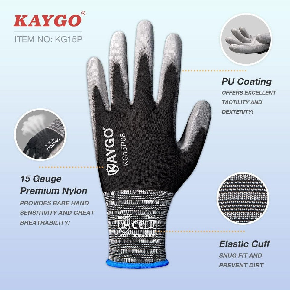 new KAYGO Work Gloves PU Coated 12 Pairs, KG15P,Nylon Large (Pack of 12), Grey KAYGO - KOEEK