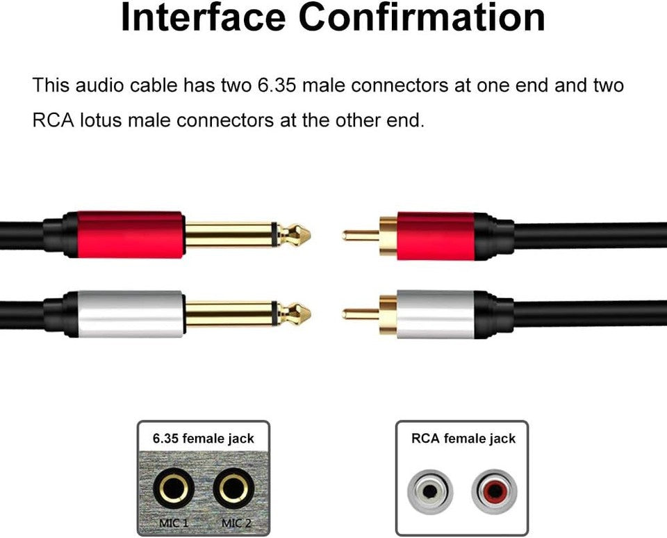 new 2 x 6.35 mm to 2RCA Cable,Dual inch TS Stereo Jack Male 5ft/1.5m, black 07FC0E-D4 - KOEEK
