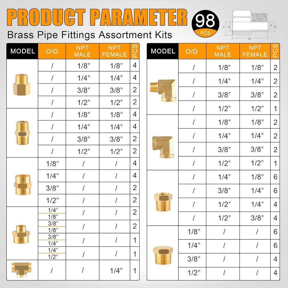 new 98PCS Brass Pipe Fittings Assortment Kit NPT Adapter,Reducer Bushing,